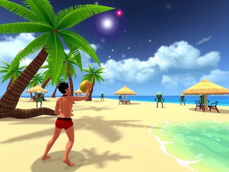Meteor Battle Goa Gameplay Screenshot Meteor Battle Goa gameplay showing a player using a Coconut Grenade against aliens on a Goan beach